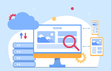 Website hosting concept. Wireless connection to server. Modern technologies and digital world. Template, layout and mock up. Security and data cloud service. Cartoon flat vector illustration