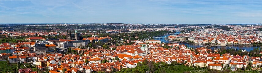Fototapeta na wymiar Aerial panorama of Hradchany: the Saint Vitus (St. Vitt's) Cathedral and Prague Castle. Prague, Czech Republic