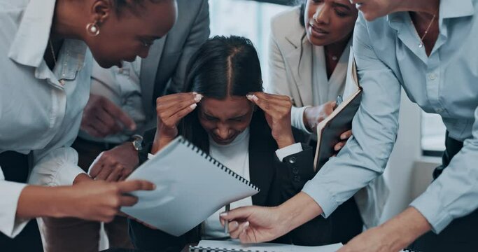 Stress, business people and employee frustrated with multitasking, pressure or overworked by team in chaos with paperwork. Anxiety, headache and worker overwhelmed by group and burnout in crisis