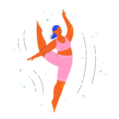Woman character in a balancing ballet pose. Flat colorful people vector illustration.  © Alena
