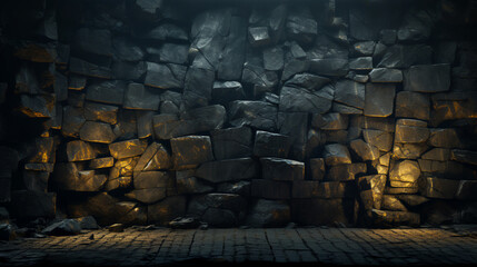 Background dark ancient wall with golden light, Generative Ai