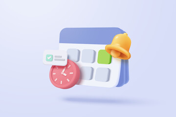 3d calendar marked date and time for reminder day in blue background. Calendar with clock for schedule appointment, event day, holiday planning concept. 3d alarm clock icon vector render illustration - obrazy, fototapety, plakaty
