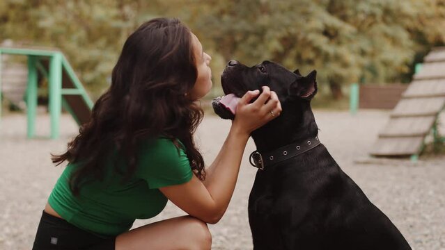 Young asian woman squatting at the outdoor dog training ground and kissing and patting her big black dog. Concept of proper pet care and handling