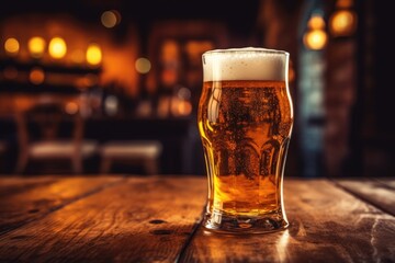 cold mug of beer on a wooden table. ai generative