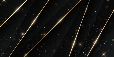Luxurious Black Abstract Background with Gold Line Elements, Light Rays, and Bokeh Effect Decoration.