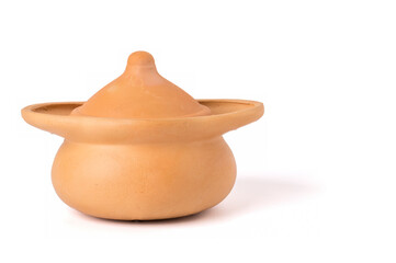 Pot with a lid made of molded clay. isolated on a white background.