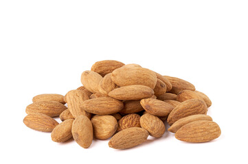 Almonds piled together. isolated on white background.
