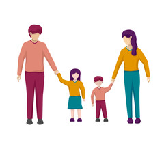 The family spends time together. A family of 4 people walks together.