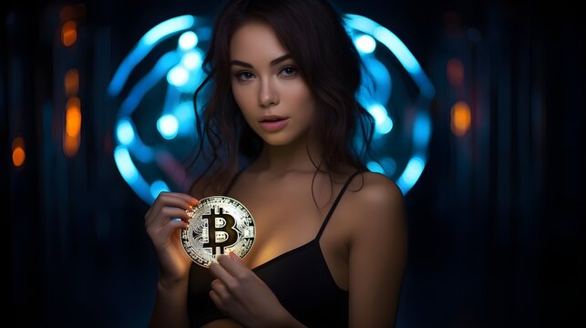 Brunette Bombshell Woman Website Internet Entrepreneur Accepting Bitcoin with Futuristic Technology Background Crytocurrency Blockchain