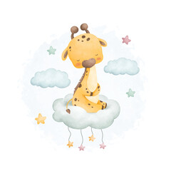 Watercolor illustration cute giraffe sleeps on cloud with stars