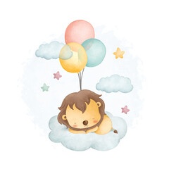Watercolor illustration cute lion sleeps on cloud with stars and balloons
