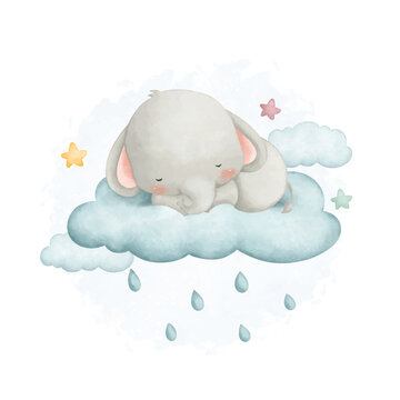 Watercolor illustration cute elephant sleeps on cloud with stars