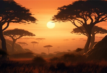 sun rise on african landscape, light red and light amber tones