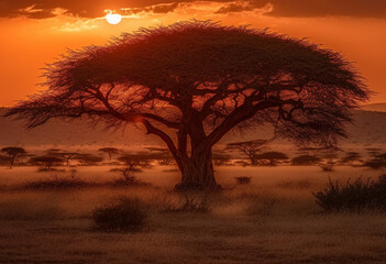 sun rise on african landscape, light red and light amber tones