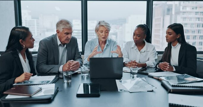 Business people, meeting and manager on laptop for financial review, online proposal and stock market strategy. Accountant, woman and men or corporate CEO for budget, information or computer planning
