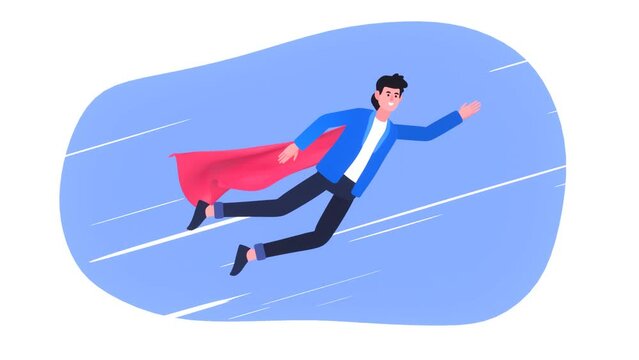 2d animation of a businessman with super hero cloak flying in sky, leadership, business boost or startup launch concept