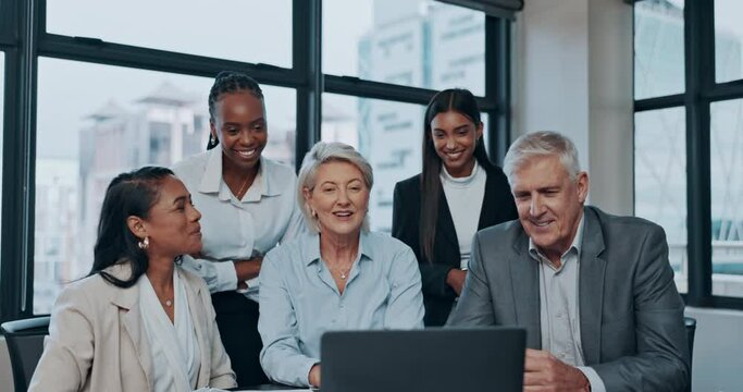 Video call, online meeting and people for planning, business webinar and virtual finance communication in office. Accountant team, CEO and corporate group of men and women wave hello on computer