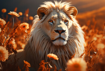 a lion in tall grass, in the style of digital painting, white and amber, realistic portrait
