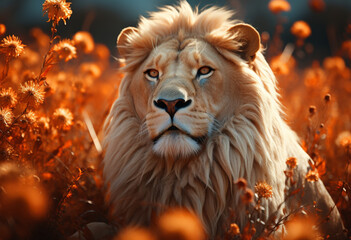 Naklejka premium a lion in tall grass, in the style of digital painting, white and amber, realistic portrait