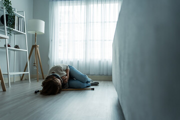 Caucasian senior woman fall on the ground alone in living room at home. 