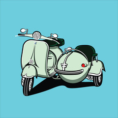 light blue scooter with sidecar illustration