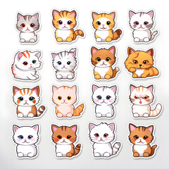 cute and cuddly cat stickers, cartoonish, full sheet, multiple poses, multiple expressions, white background