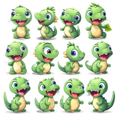 Fototapeta premium cute and cuddly dinosaur stickers, cartoonish, full sheet, multiple poses, multiple expressions, white background