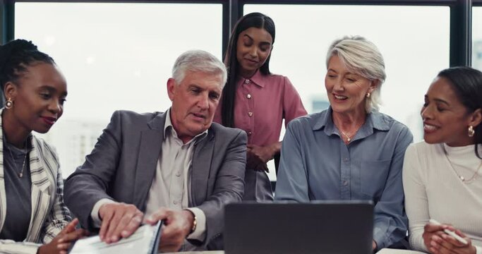 Video call, computer and business people in online meeting collaboration, manager feedback and financial update. Accountant in virtual teamwork and corporate leader, women or men wave hello on laptop