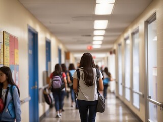 Naklejka na ściany i meble Students walks down school hallway
