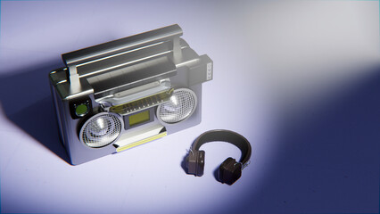 80's style top view boombox under downlight in the scene with headphones from 3D render design.