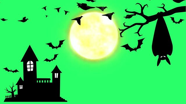 Animation black castle and black bats flying with yellow moon on green background.

