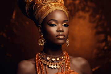 African Beauty queen with Gold Jewelry, bright background, generative AI