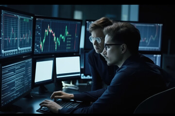 crypto traders discussing trading charts research reports growth looking at monitor analyzing strategy, financial risks, generative AI