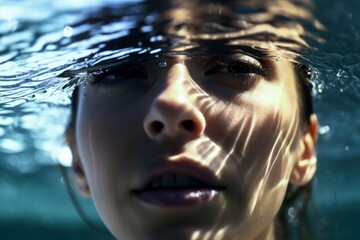 a close-up face photo portrait of a beautiful pretty model woman swimming under the water with bubbles. perfect for ad. Generative AI