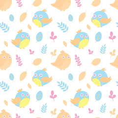 Seamless pattern of cute cartoon childish birds with leaves and flowers