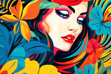 abstract background woman face pop art style flowers patterns illustrations background, AI generate