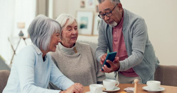 Talking, phone and senior people or friends in a retirement home with internet connection. Elderly women and a man relax together with smartphone for memory, social app and pension investment website