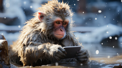 A snow monkey takes a hot spring bath in a snowy landscape and uses a mobile phone. Japanese monkey or animal concept. - obrazy, fototapety, plakaty