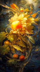 Colorful art of apple with leaves and flowers. Generative AI.