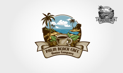 Palm Beach Cafe Vector Logo Template. Water ocean with Palm and coffee concept, for cafe and hoteling. Palm Beach logo retro style it can be easily edit to fit your needs.
