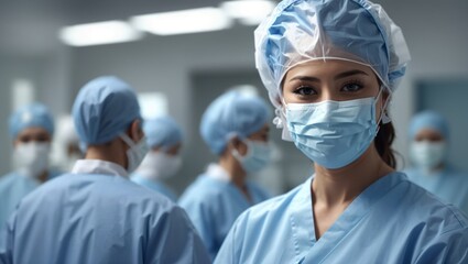 Portrait of a young nursing student standing with her team in hospital, dressed in scrubs, Woman doctor intern. High quality photo