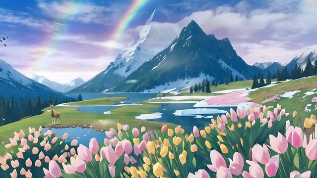 Beautiful panoramic fantasy landscape, alpine lake in mountains in anime watercolor painting illustration style on sunny day. Seamless looping video animation virtual background