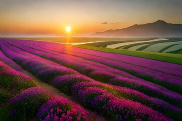 Fototapeta na wymiar lavender field at sunset Generative AI