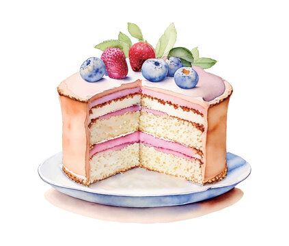 いちごとブルーベリーの乗ったケーキの水彩イラスト Generative AI