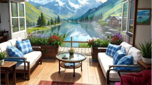 Beautiful fantasy landscape background seen from the windows of the house and living room. Seamless looping video animation virtual landscape background