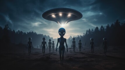 mysterious aliens creatures standing in front of unidentified flying object (ufo) on the planet earth. wallpaper background 16:9 aspect ratio. Generative AI - obrazy, fototapety, plakaty
