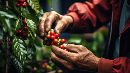 Arabica coffee berries with agriculturist hands Robusta and arabica coffee berries with agriculturist hands, Coffee plantation in Asia - obrazy, fototapety, plakaty