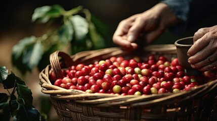 Fototapeta premium Arabica coffee berries with agriculturist hands Robusta and arabica coffee berries with agriculturist hands, Coffee plantation in Asia