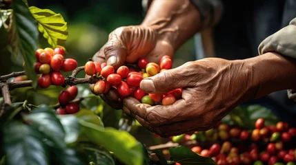 Foto op Canvas Arabica coffee berries with agriculturist hands Robusta and arabica coffee berries with agriculturist hands, Coffee plantation in Asia © ND STOCK
