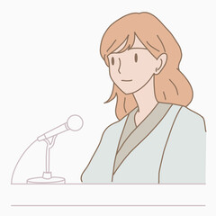 Woman in formal uniform sitting and speaking through the microphone. Announcer announcing to a microphone. Hand drawn flat cartoon character vector illustration.